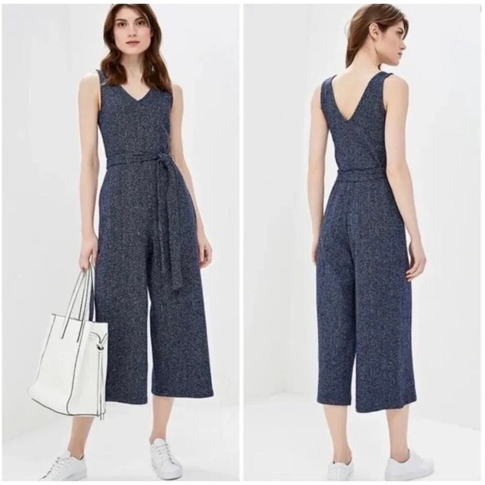 GAP | Marled Navy Rib-Knit Sleeveless Wide Leg Jumpsuit with Belt | Sz XS